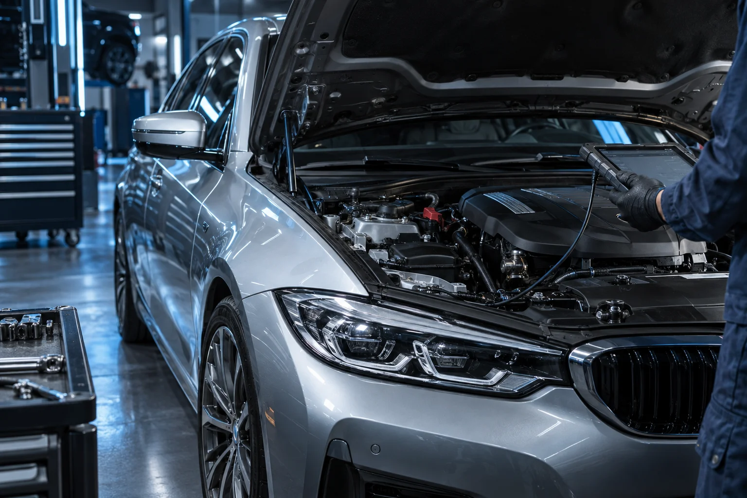 Illustrative car diagnostic inspection in a workshop
